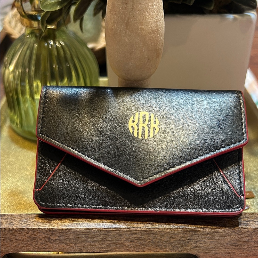 Black Leather RFID Envelope Card Holder with Gold “KRK” Monogram Red trim EUC